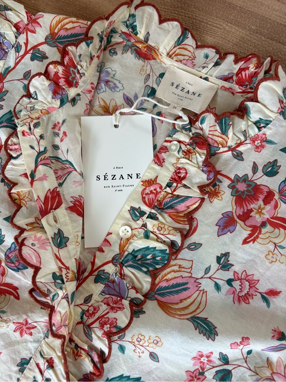 Sézane Maya Blouse Fleurs Indiennes Floral Ruffle Size 34 US 2 NWT - Picture 15 of 16